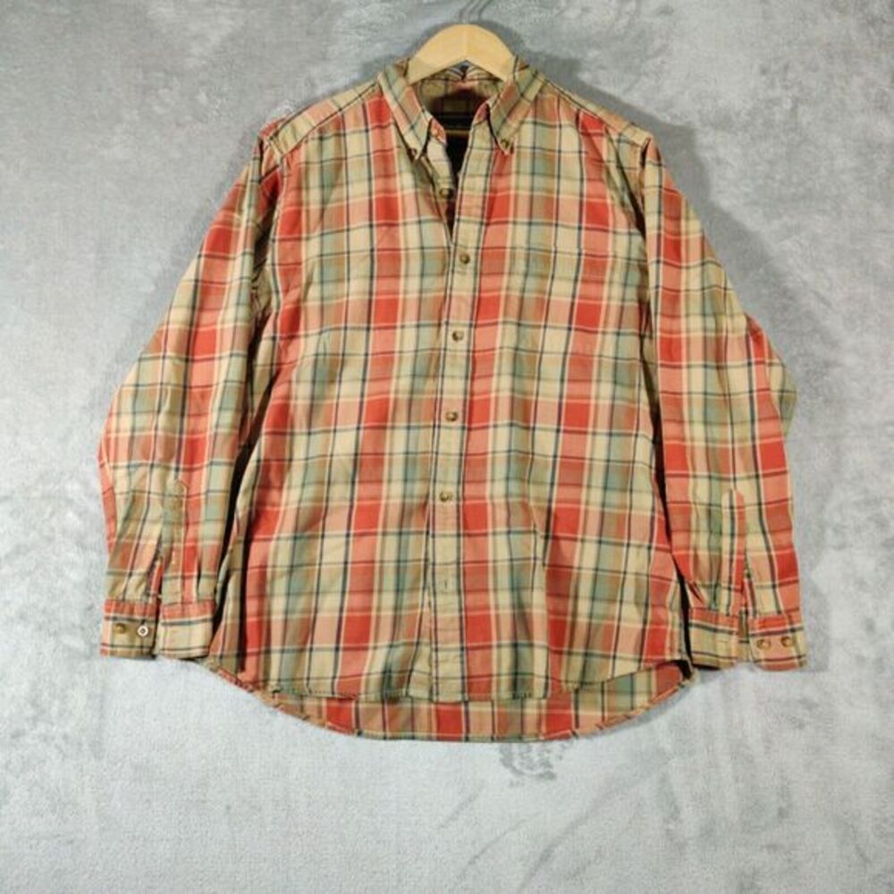 Eddie Bauer Shirt Mens Large Tan Lindsey Plaid Button Down Cotton‎ Cabincore